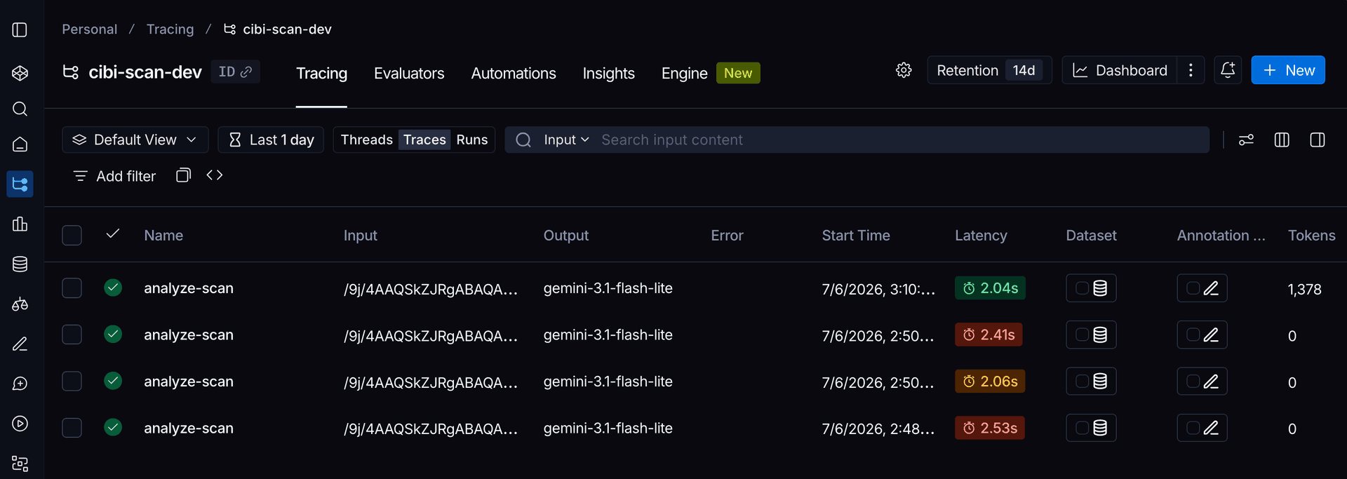 LangSmith traces list for the cibi-scan-dev project